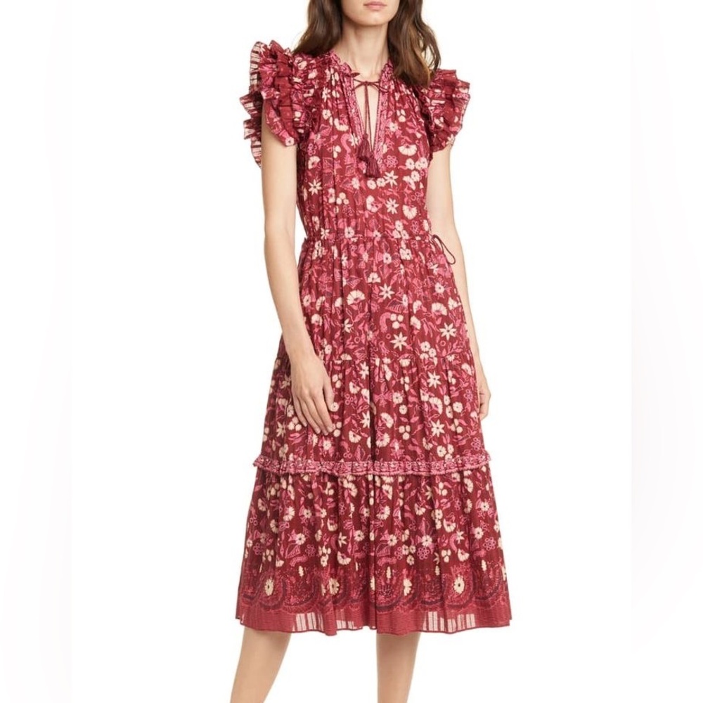 Ulla Johnson Linnea Burgundy and Cream Floral Dress